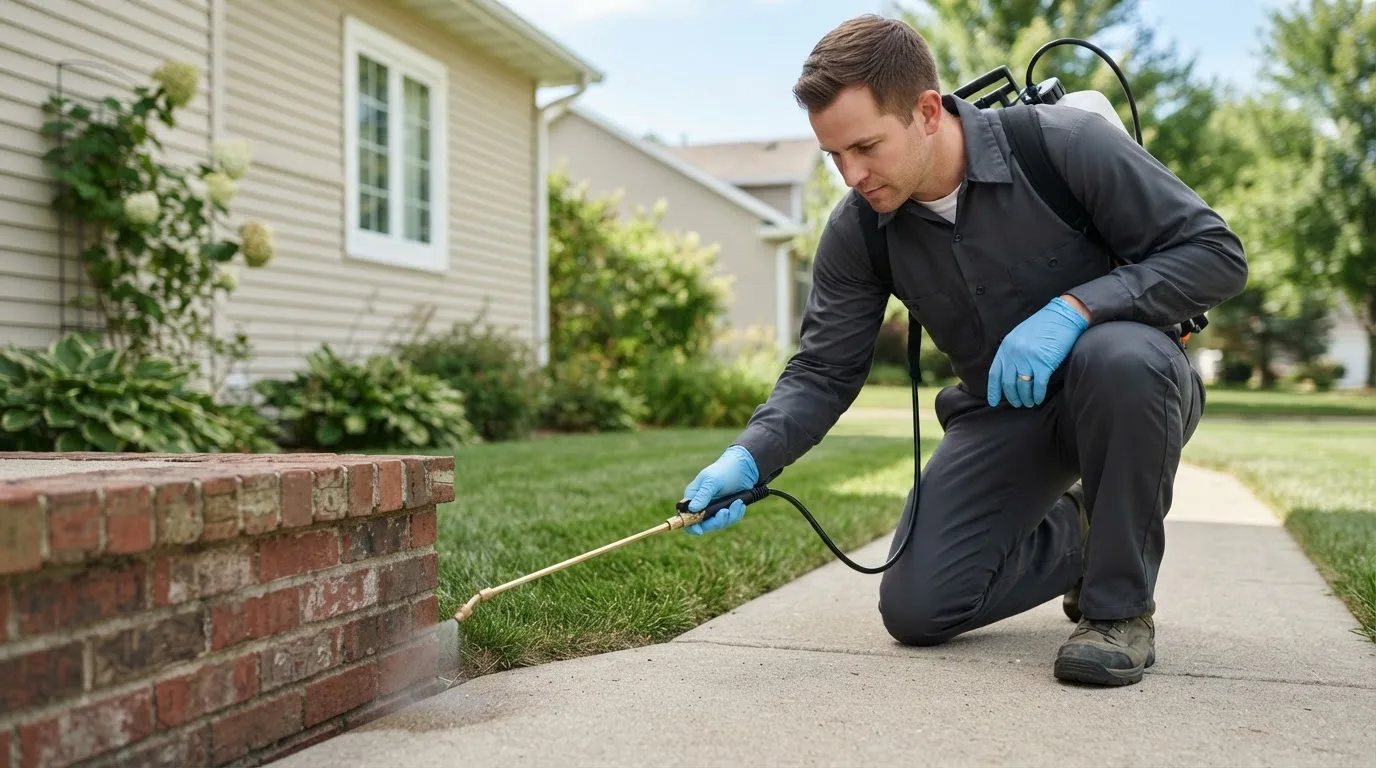 Pest control technician treating a home near Tiverton, RI