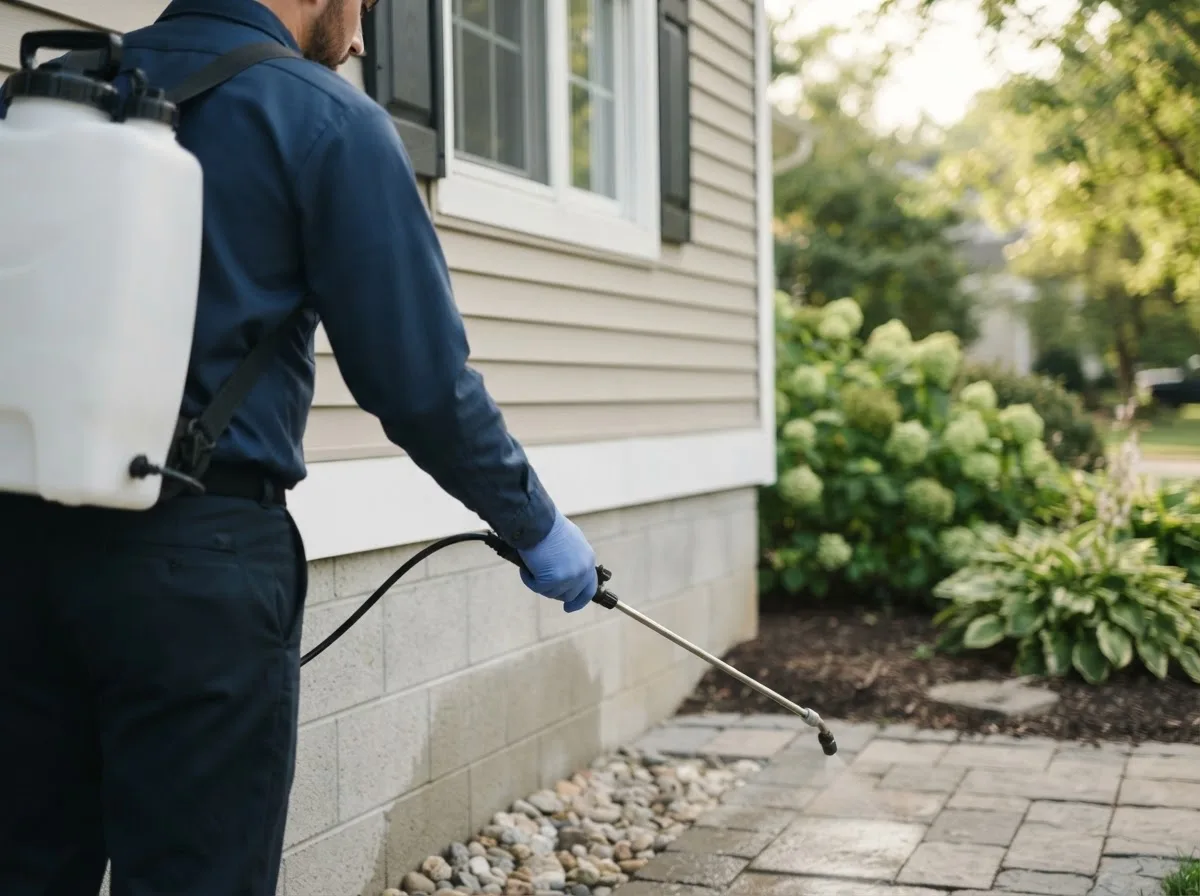 Pest control technician inspecting a home in Tiverton, RI